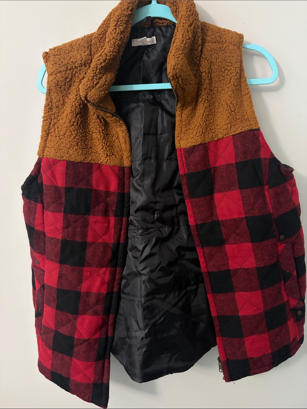 Maurices Red and Black Buffalo Plaid Sherpa-Trim Vest